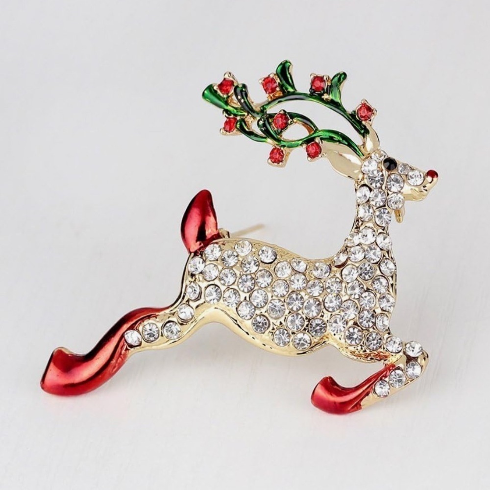 Rudolph the Red-Nosed Reindeer Brooch Cubic Zirconia Encrusted Holiday Pin 🦌 - Picture 2 of 12
